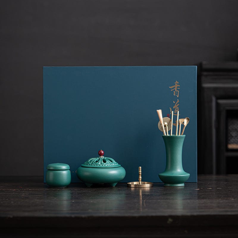 TEA TIME ESSENTIALS INCENSE BURNERS Peacock Green / Small Gift Box Set Peacock Green Ceramic Incense Utensils Starter Set