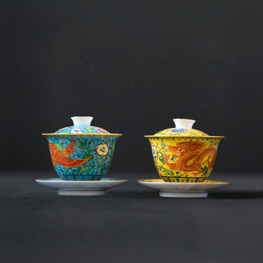 Enamel Ceramic Gaiwan Dragon And Phoenix Tea Cup