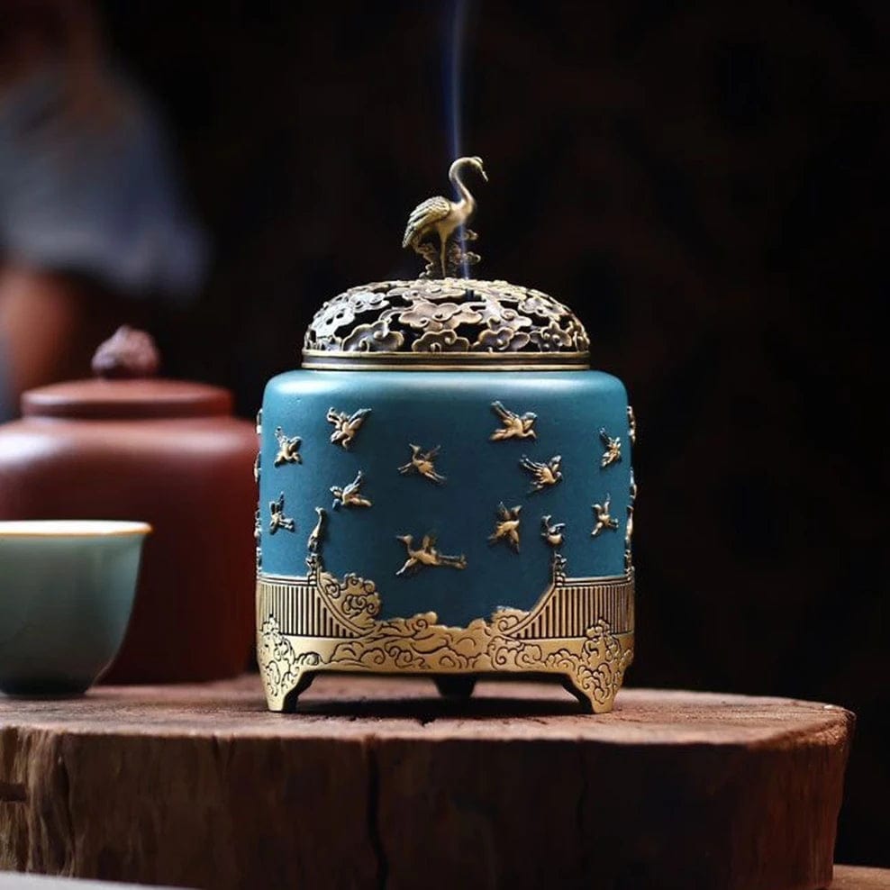 TEA TIME ESSENTIALS INCENSE BURNERS Blue "Celestial Ruihe" Artisanal Copper Incense Ornament