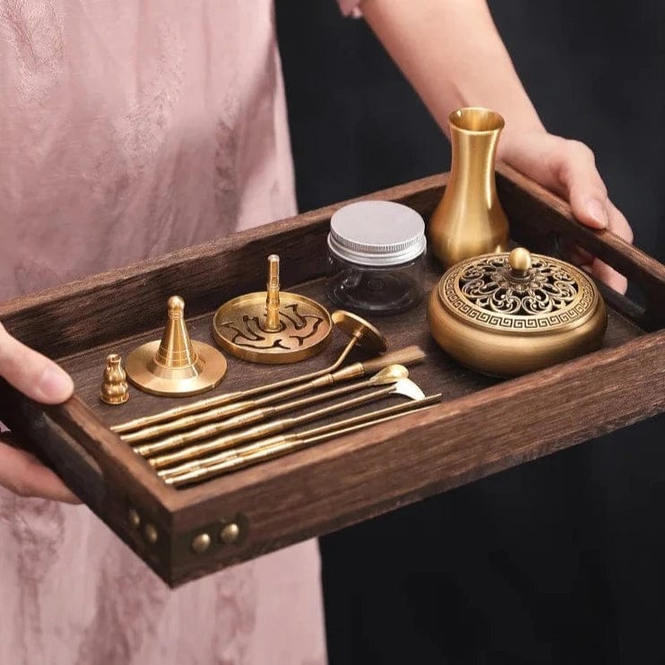 TEA TIME ESSENTIALS INCENSE BURNERS Citron 12 Piece Set Golden Lotus Copper Incense Burner Gift Set