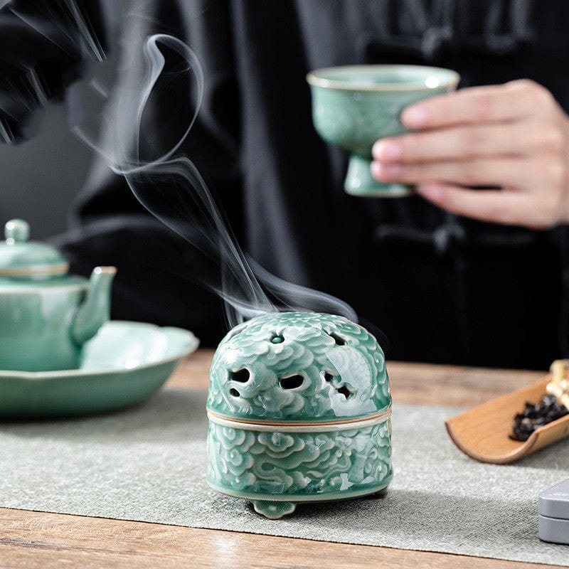 TEA TIME ESSENTIALS INCENSE BURNERS Green Serenity Embossed Incense Burner