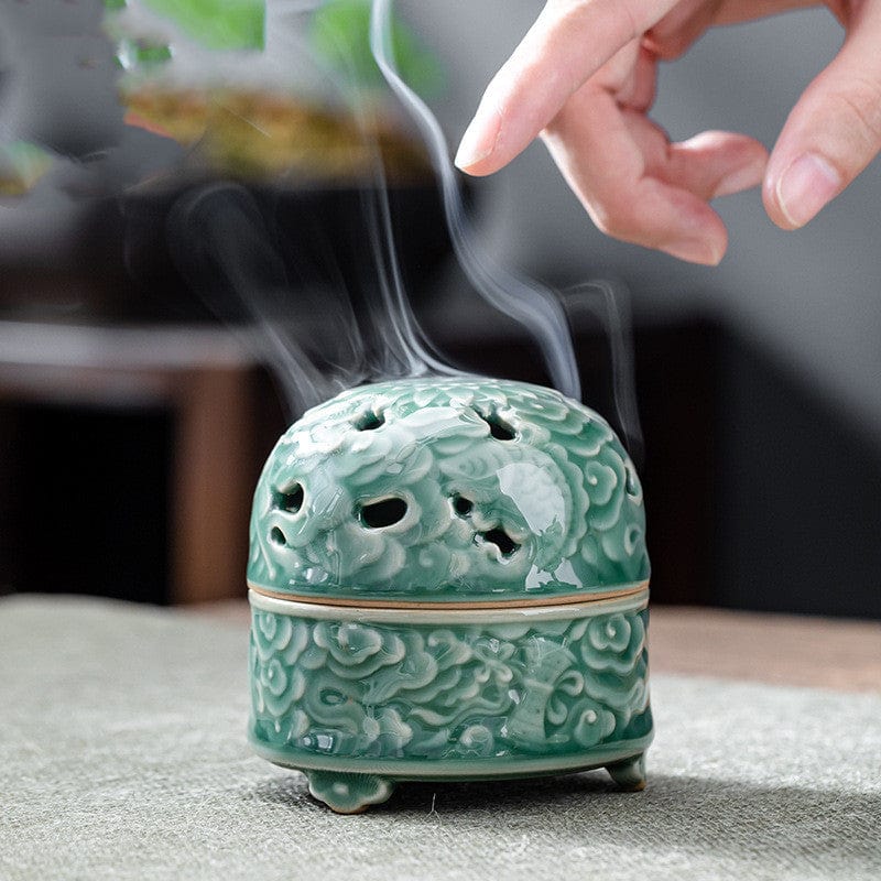 TEA TIME ESSENTIALS INCENSE BURNERS Green Serenity Embossed Incense Burner