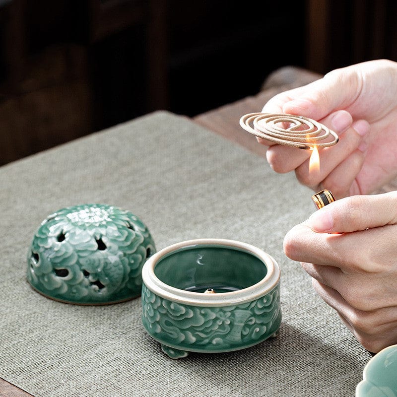 TEA TIME ESSENTIALS INCENSE BURNERS Green Serenity Embossed Incense Burner