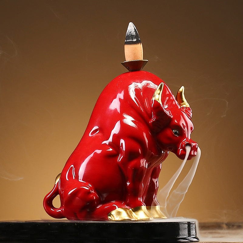 TEA TIME ESSENTIALS INCENSE BURNERS Ox Fortune Red Bull Artisan Ceramic Bull Incense Burner - Wealth Inviting Collection