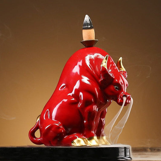 TEA TIME ESSENTIALS INCENSE BURNERS Ox Fortune Red Bull Artisan Ceramic Bull Incense Burner - Wealth Inviting Collection