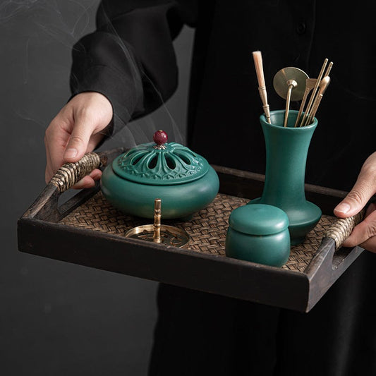 TEA TIME ESSENTIALS INCENSE BURNERS Peacock Green Ceramic Incense Utensils Starter Set