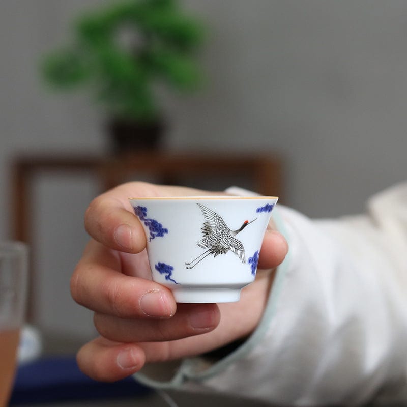 TEA TIME ESSENTIALS TEA Above The Blue Clouds Celestial Crane Blue and White Porcelain Tea Cup