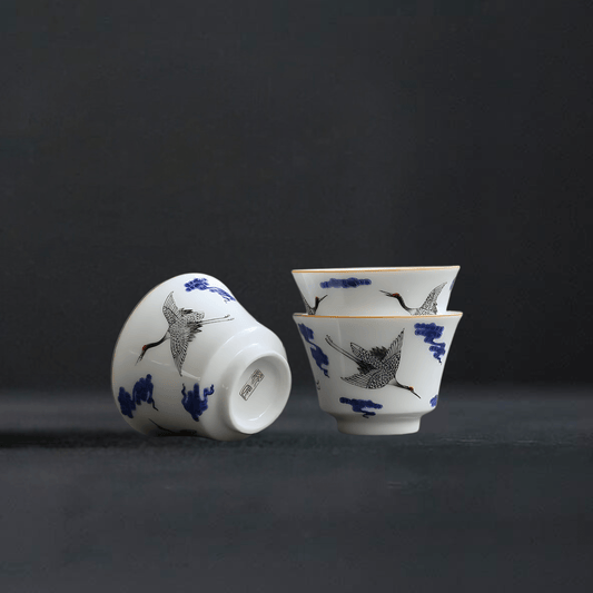 TEA TIME ESSENTIALS TEA Above The Blue Clouds Celestial Crane Blue and White Porcelain Tea Cup