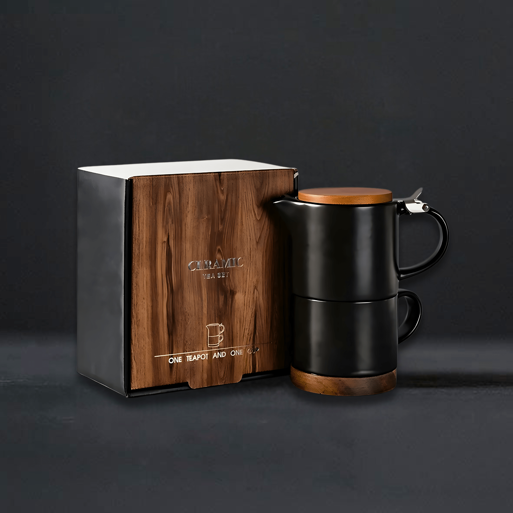 TEA TIME ESSENTIALS TEA Black Minimalist Nordic Teapot and Teacup Set with Wooden Lid