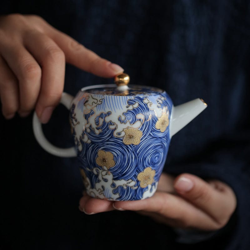 TEA TIME ESSENTIALS TEA Blue Elysian Blossom in Sea Wave Tea Pot from the Artisanal Ceramic Collection