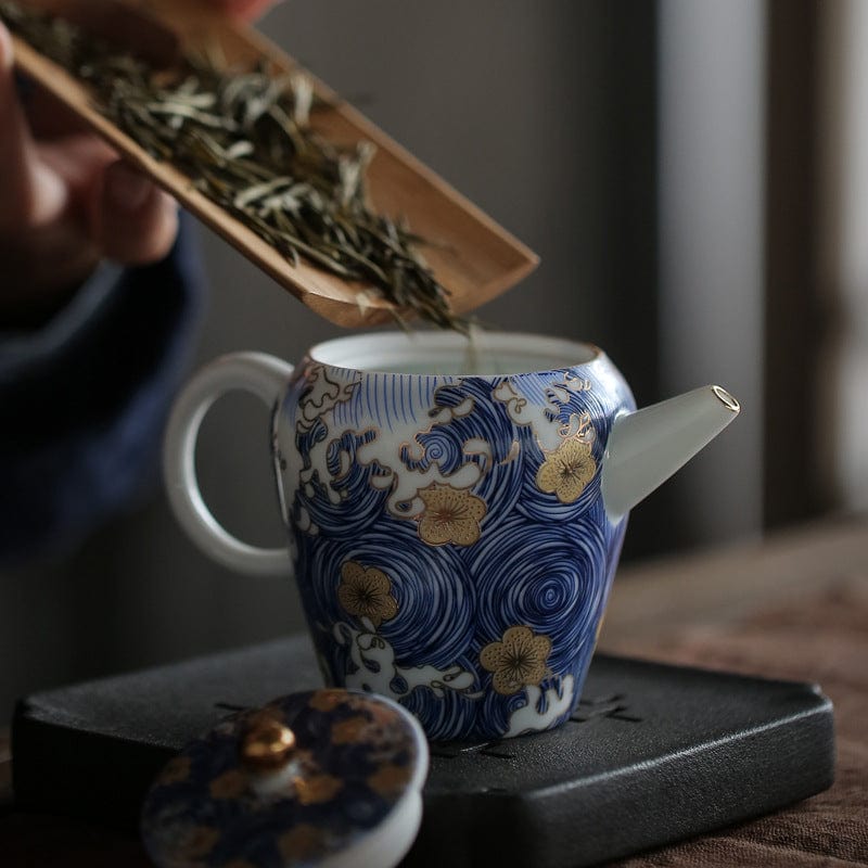 TEA TIME ESSENTIALS TEA Blue Elysian Blossom in Sea Wave Tea Pot from the Artisanal Ceramic Collection