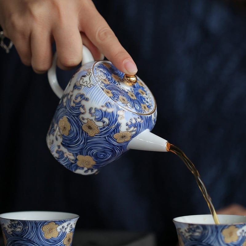 TEA TIME ESSENTIALS TEA Blue Elysian Blossom in Sea Wave Tea Pot from the Artisanal Ceramic Collection