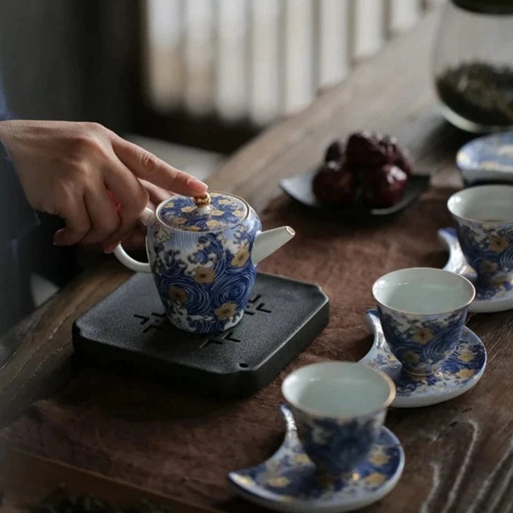 TEA TIME ESSENTIALS TEA Blue Elysian Blossom in Sea Wave Tea Pot from the Artisanal Ceramic Collection