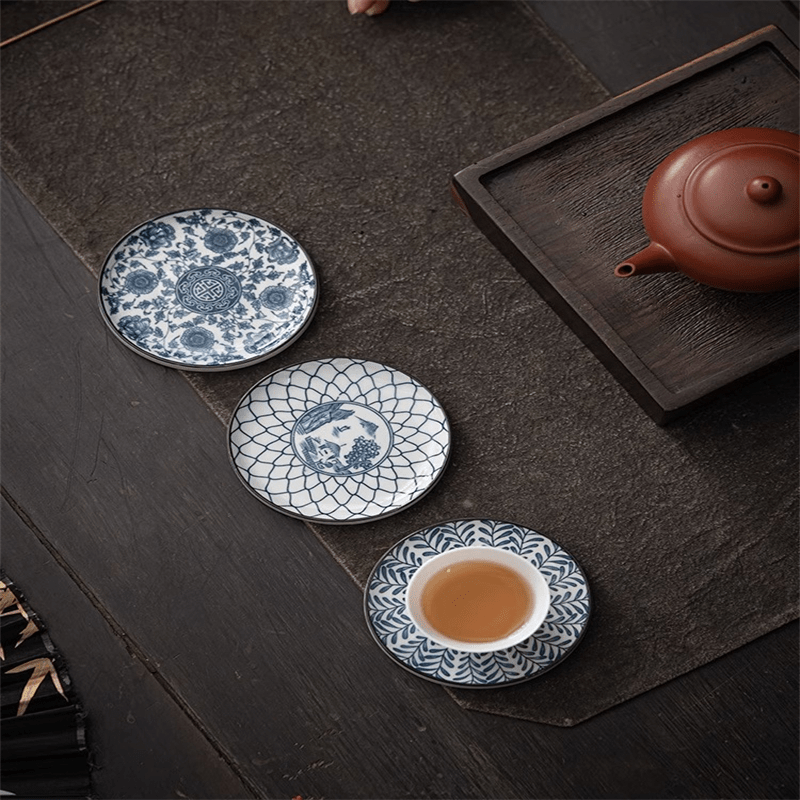 TEA TIME ESSENTIALS TEA Blue Horizon Floral Coaster Set: Exquisite Household Tea Mat