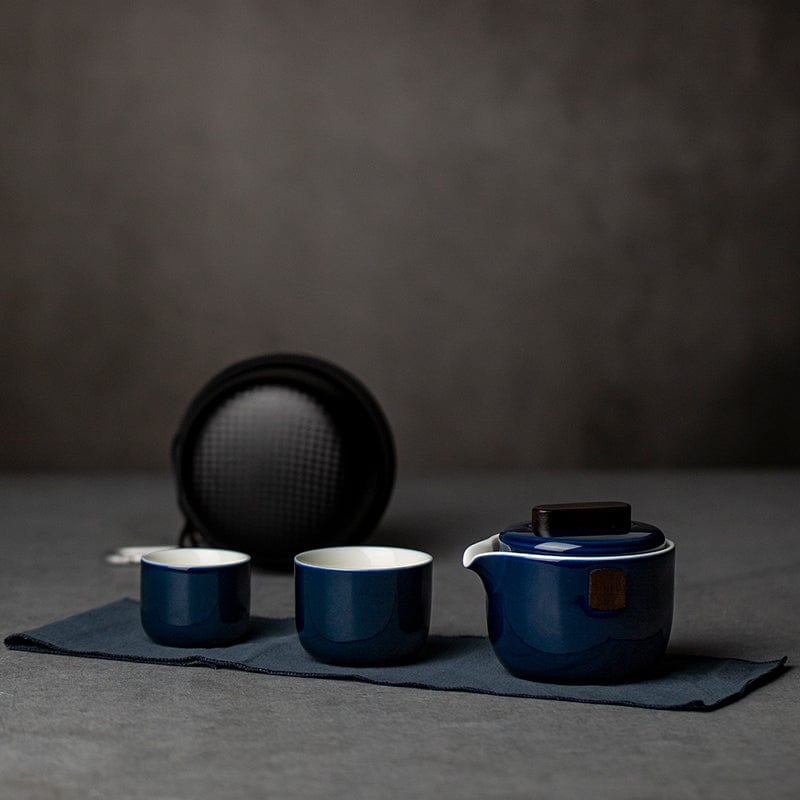 TEA TIME ESSENTIALS TEA Blue Portable Ceramic Outdoor Tea Set - One Pot and Two Cups