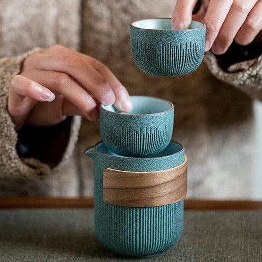 TEA TIME ESSENTIALS TEA Bluestone Glaze Striped Quick Guest Ceramic Tea Set