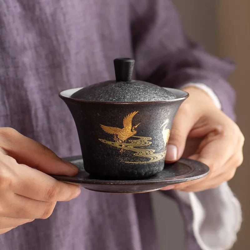 TEA TIME ESSENTIALS TEA Cloud-Kissed Crane Harmony Ceramic Hand-painted Tea Gaiwan