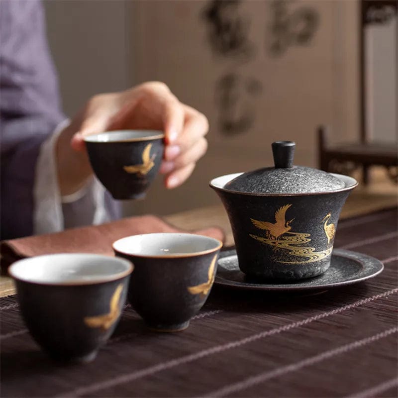 TEA TIME ESSENTIALS TEA Cloud-Kissed Crane Harmony Ceramic Hand-painted Tea Gaiwan