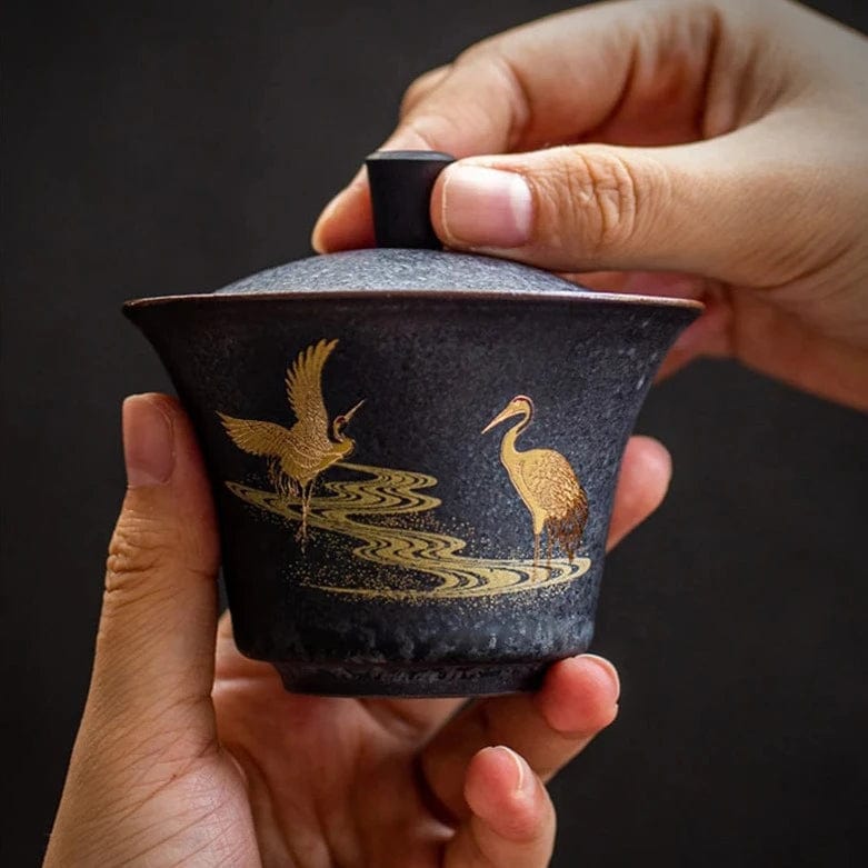 TEA TIME ESSENTIALS TEA Cloud-Kissed Crane Harmony Ceramic Hand-painted Tea Gaiwan