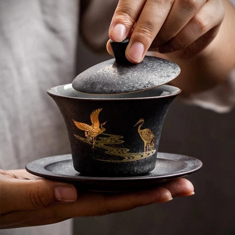 TEA TIME ESSENTIALS TEA Cloud-Kissed Crane Harmony Ceramic Hand-painted Tea Gaiwan