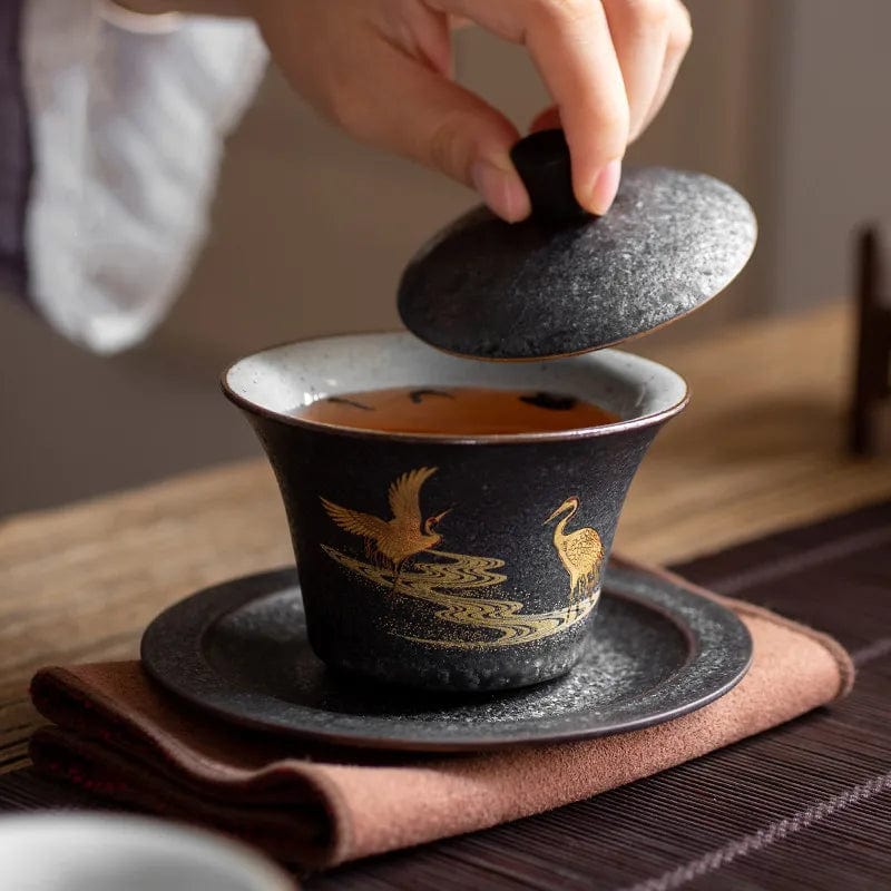 TEA TIME ESSENTIALS TEA Cloud-Kissed Crane Harmony Ceramic Hand-painted Tea Gaiwan