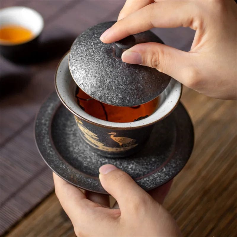 TEA TIME ESSENTIALS TEA Cloud-Kissed Crane Harmony Ceramic Hand-painted Tea Gaiwan