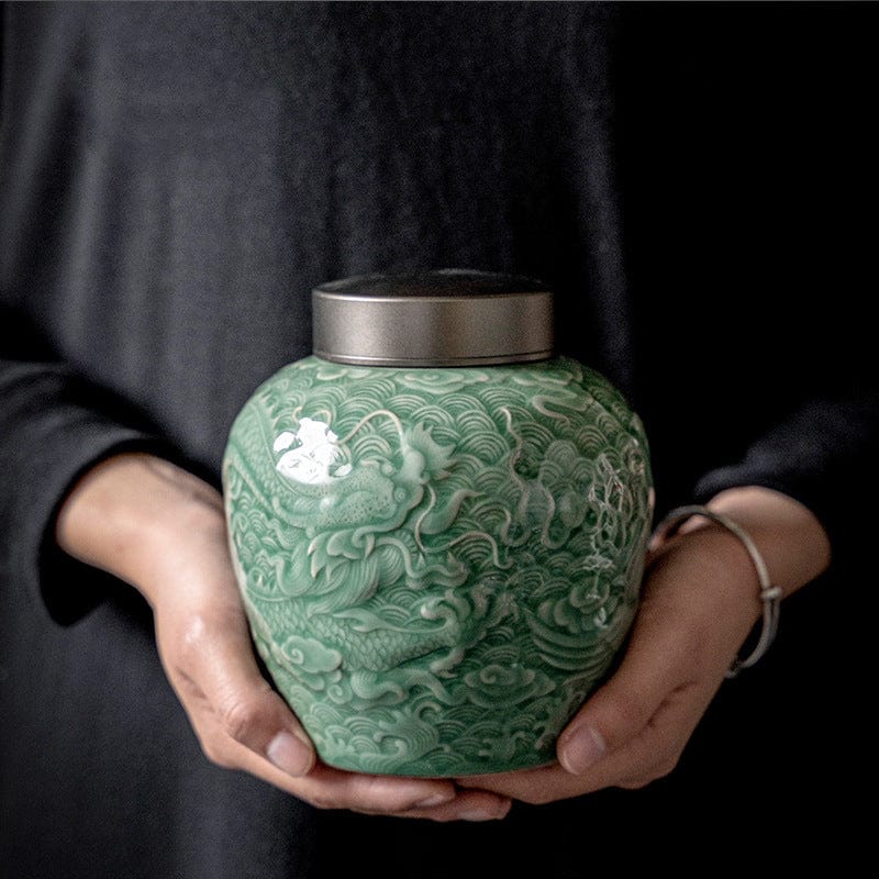 TEA TIME ESSENTIALS TEA Dragon and Phoenix Embossed Celadon Tea Pot