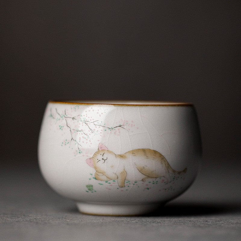 TEA TIME ESSENTIALS TEA Drunk Cat Vintage Ru Kiln Meditation Tea Cups