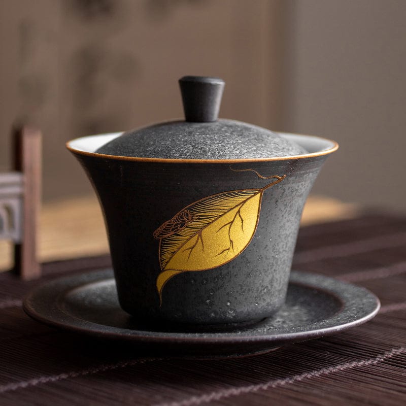 TEA TIME ESSENTIALS TEA Golden Leaf Cloud-Kissed Crane Harmony Ceramic Hand-painted Tea Gaiwan