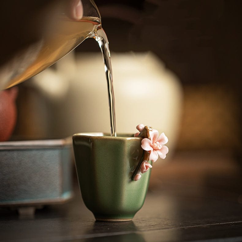 TEA TIME ESSENTIALS TEA Jade Green Retro Handmade Pinch Flower Tea Cup