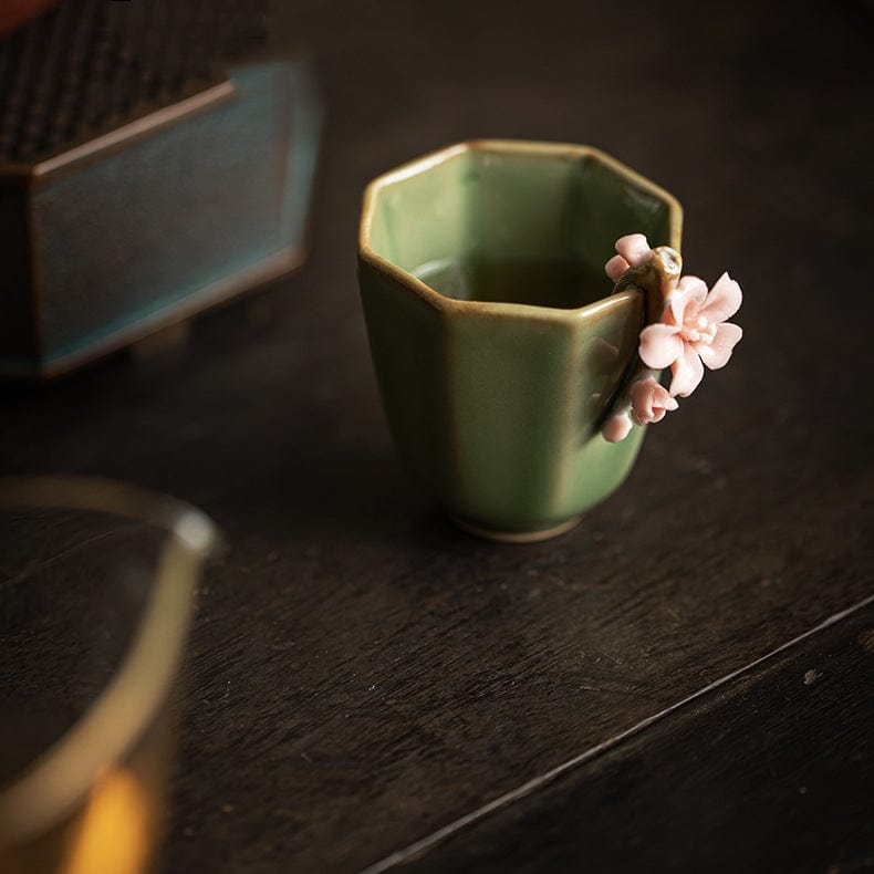 TEA TIME ESSENTIALS TEA Jade Green Retro Handmade Pinch Flower Tea Cup