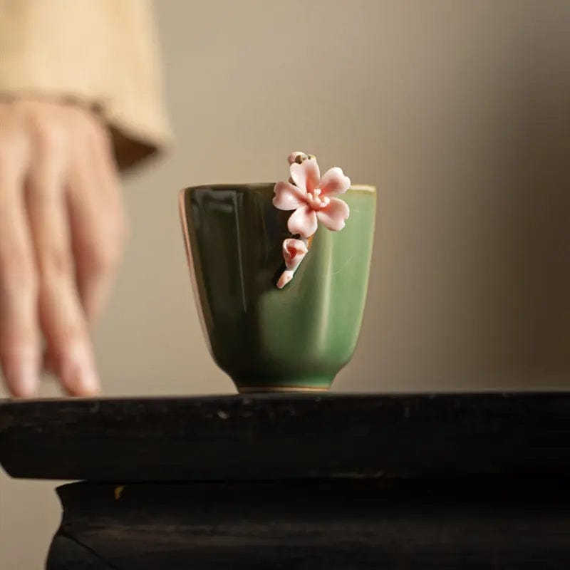 TEA TIME ESSENTIALS TEA Jade Green Retro Handmade Pinch Flower Tea Cup