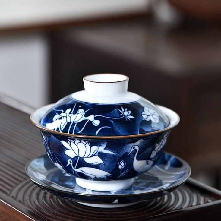 TEA TIME ESSENTIALS TEA Lotus Crane Blue and White Harmony Gaiwan Collection