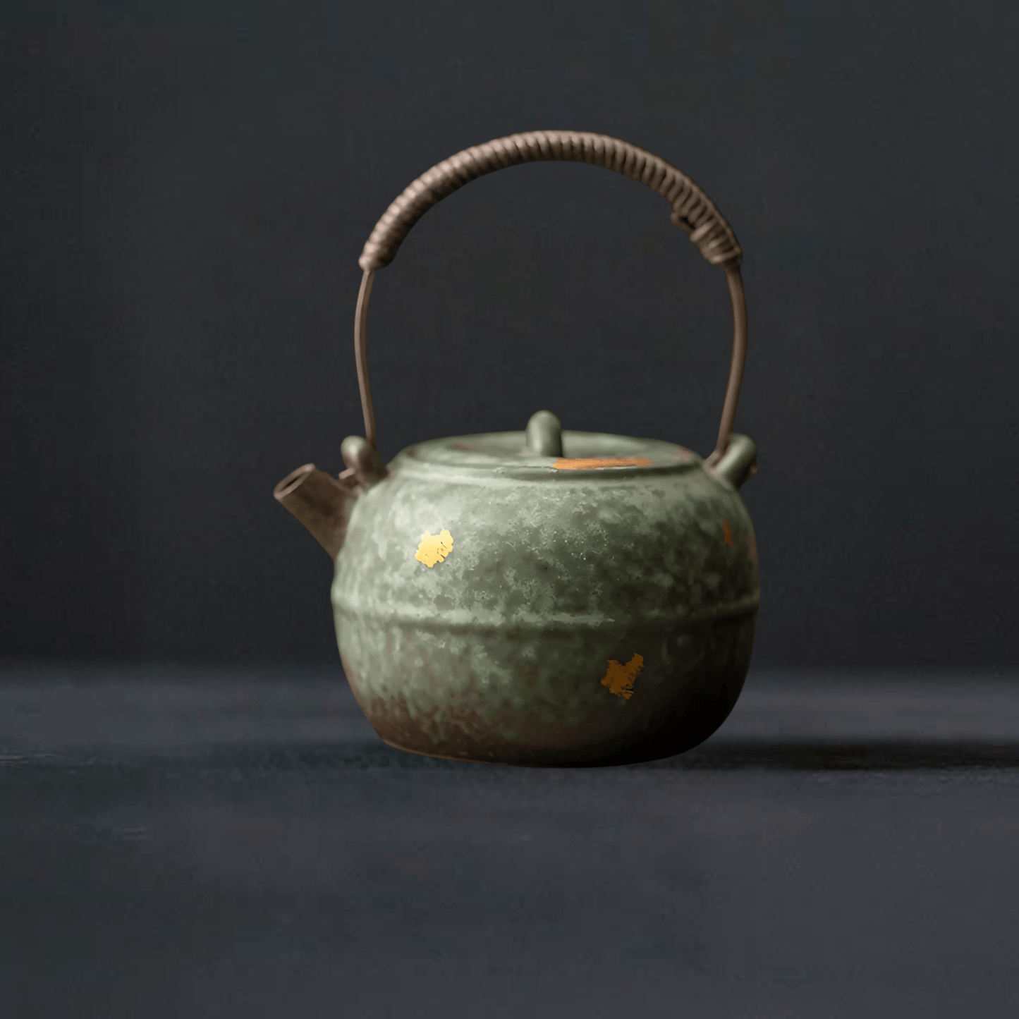 TEA TIME ESSENTIALS TEA Moss Green Vintage Bronze Glaze Lifting Handle Teapot