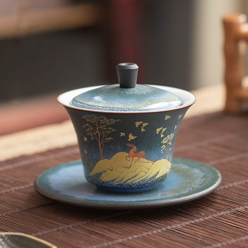 TEA TIME ESSENTIALS TEA Navy Blue Celestial Deer Gaiwan Set