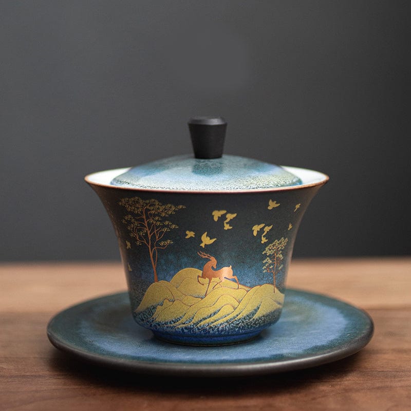 TEA TIME ESSENTIALS TEA Navy Blue Celestial Deer Gaiwan Set