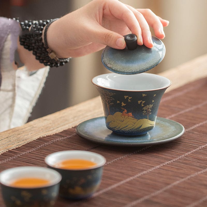 TEA TIME ESSENTIALS TEA Navy Blue Celestial Deer Gaiwan Set