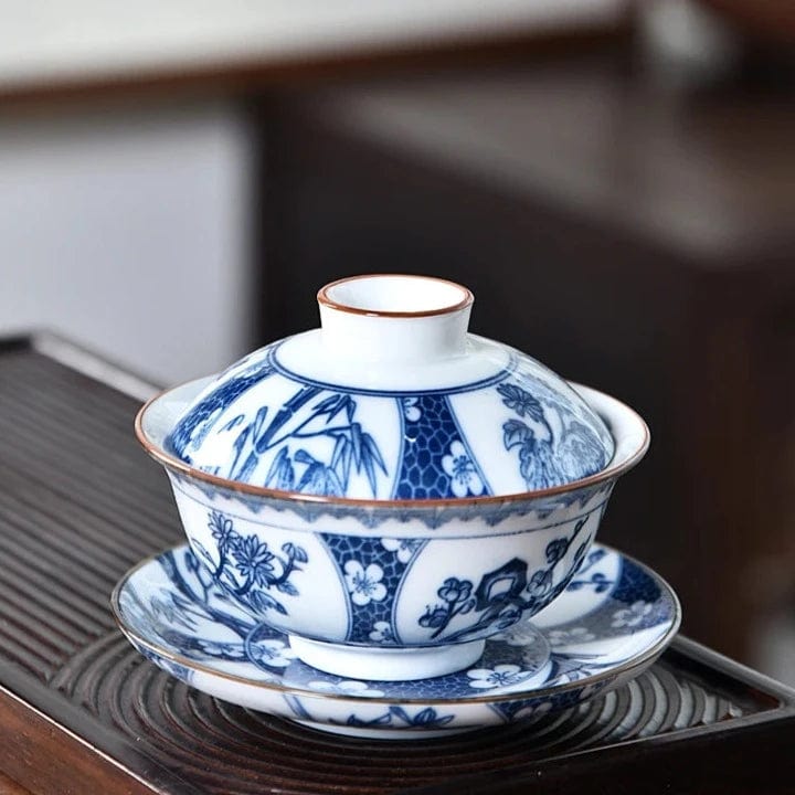 TEA TIME ESSENTIALS TEA Plum Orchid Bamboo and Chrysanthemum Blue and White Harmony Gaiwan Collection