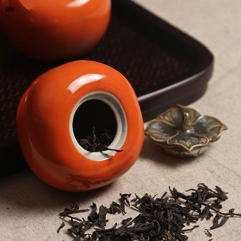 TEA TIME ESSENTIALS TEA Red Crimson Harvest Ceramic Persimmon Tea Caddy