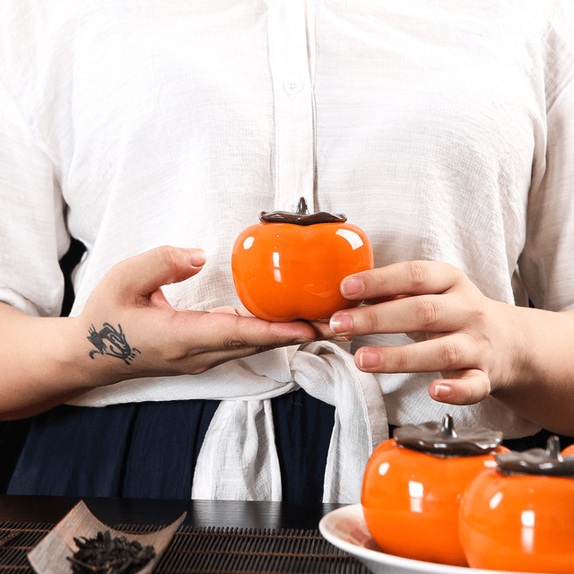 TEA TIME ESSENTIALS TEA Red Crimson Harvest Ceramic Persimmon Tea Caddy