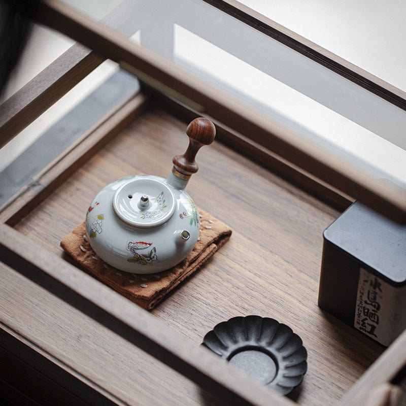 TEA TIME ESSENTIALS TEA White Exquisite Ceramic Tea Pot with Walnut Handle